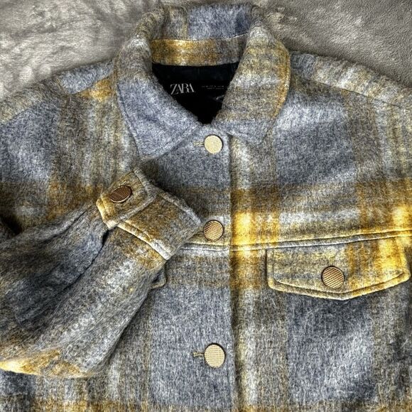 Zara Wool Blend Shirt Jacket Womens Medium Gray Yellow Oversized Button Shacket - Picture 6 of 12